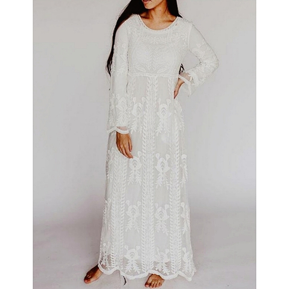 NEW Boho Wedding LACE LONG SLEEVE MAXI DRESS, Cavendish Lace White Temple dress